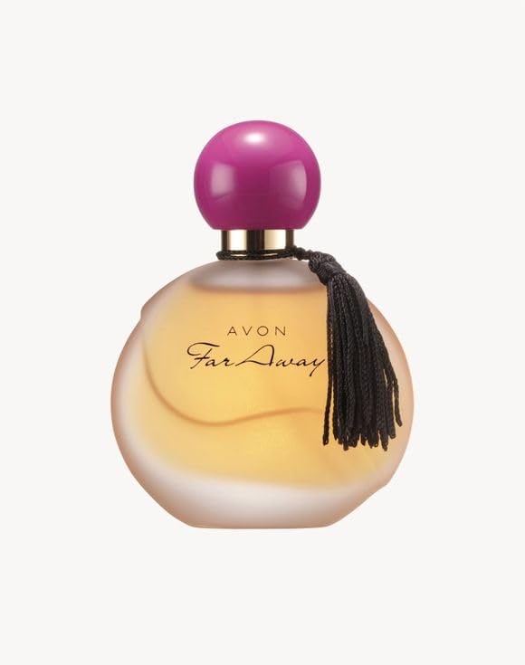 AVON Far Away Eau de Parfum for Women with amber floral scent, featuring a sleek bottle and elegant floral design.