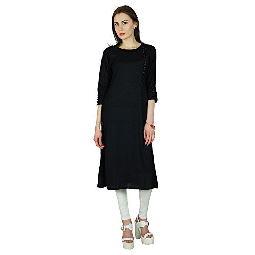 Women Black Rayon Kurta Kurti 3/4 Sleeve Formal Casual Tunic - Product Imagery