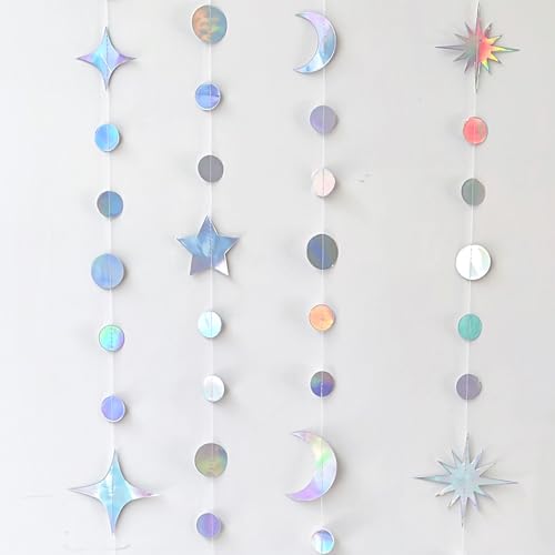 4 Pack Multi Iridescent Party Garland Star&Moon Holographic - Product Imagery