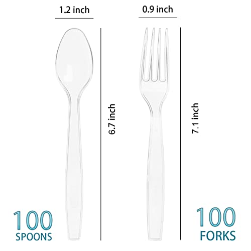 MOACOCK 200 Count Heavy Weight Clear Plastic Forks and Spoons - Product Imagery