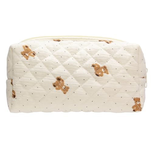 Small Quilted Makeup Bag,Zipper Cosmetic Pouch,Gauze Bear - Product Imagery
