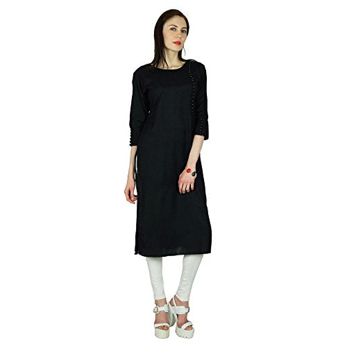 Women Black Rayon Kurta Kurti 3/4 Sleeve Formal Casual Tunic - Product Imagery