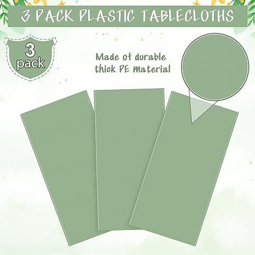 3Pack Sage Green Plastic Tablecloths for Rectangle Tables, Light - Product Imagery
