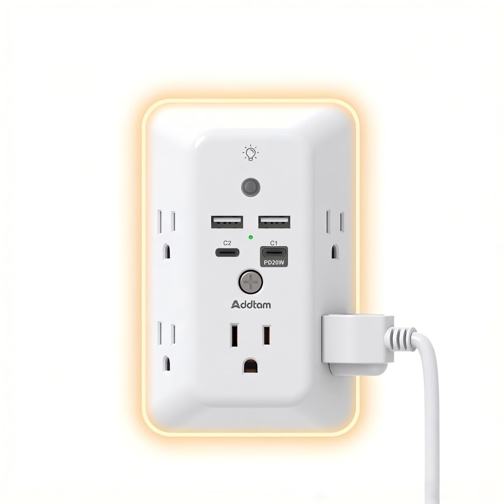 Addtam Surge Protector, 5 Outlet Extender with Night Light and 4 USB P - View 9