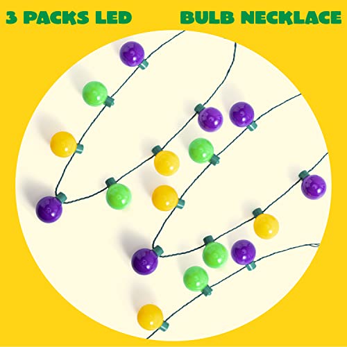 JOYIN 3 PCS Mardi Gras LED Bulb Necklace, Purple, Green, Gold - Product Imagery