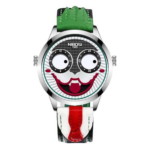 NIBOSI Men's Analog Watch, Green Red Leather Strap, Clown Dial - Product Imagery
