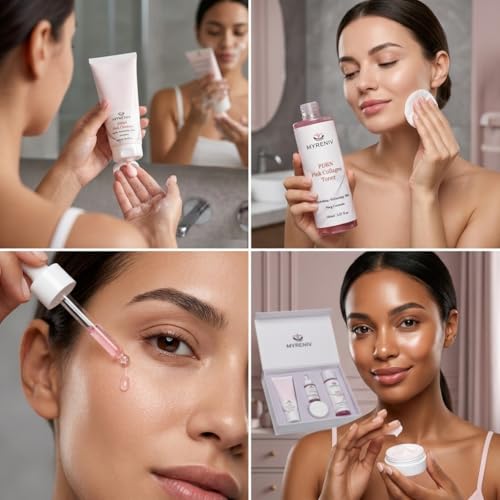 PDRN Pink Collagen 4‑Step Skincare Set – Cleanser, Toner, Serum - Product Imagery