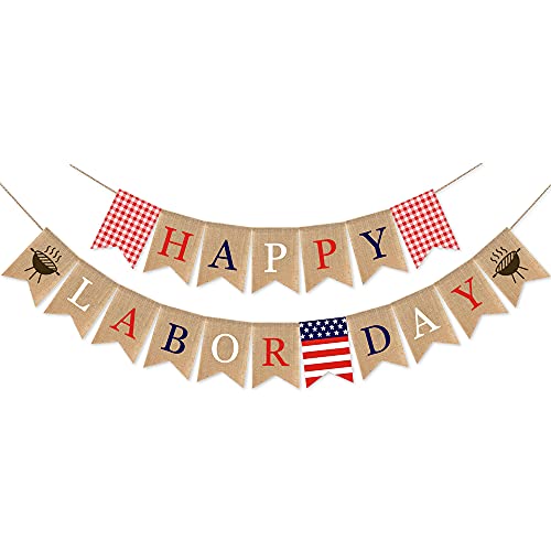 SWYOUN Burlap Happy Labor Day Banner with Grill BBQ Theme Party - Product Imagery