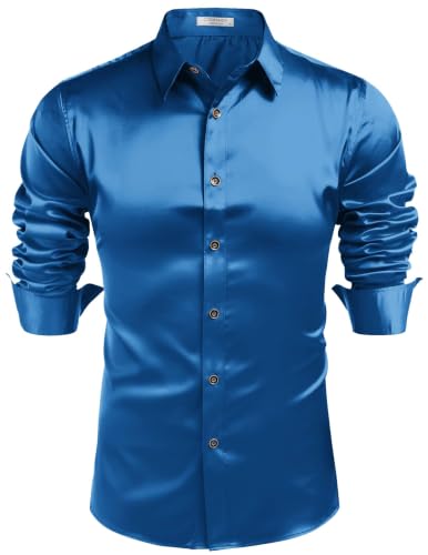 COOFANDY Mens Silk Satin Dress Shirts Long Sleeve Shiny Button - Product Imagery