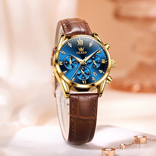 OLEVS Women's Watches Brown Leather Strap Analog Quartz Rose - Product Imagery
