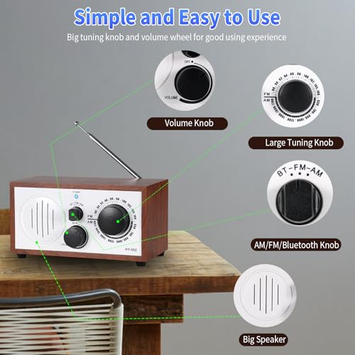 Vintage Wood AM FM Bluetooth Speaker Radio Plug in Wall, Elegant - Product Imagery