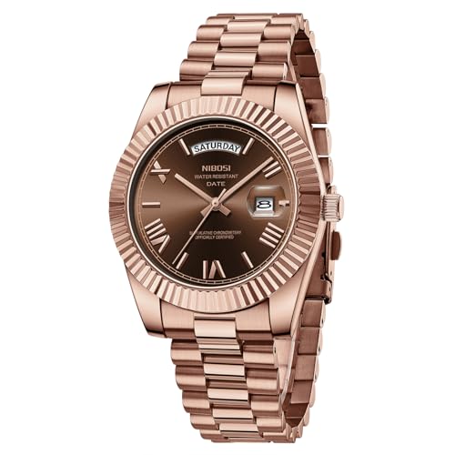 NIBOSI Men's Analog Quartz Watch, Rose Gold Stainless Steel, Day - Product Imagery
