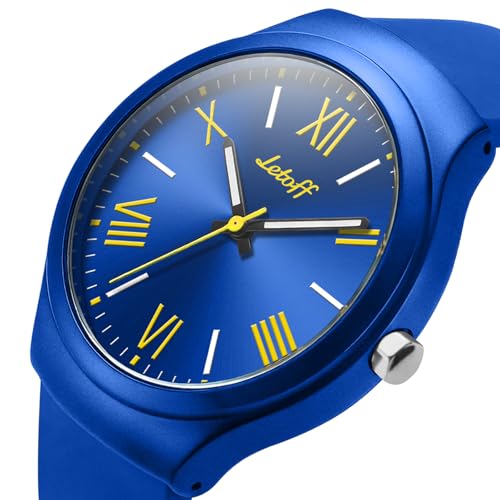 Letoff Blue Silicone Watch for Women/Men, Yellow Roman Numeral - Product Imagery