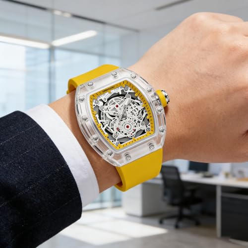 Gosasa Men's Transparent Tonneau Quartz Watch, Skeleton-Style - Product Imagery