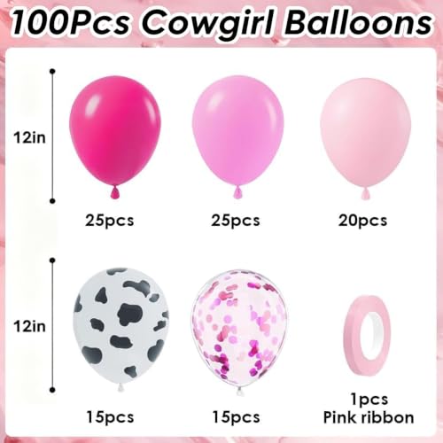 100Pcs Cowgirl Balloons, Hot Pink Light Pink Confetti Cow Print - Product Imagery