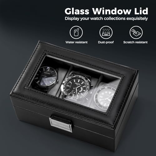 ProCase Watch Box, 3 Slot Mens Watch Display Case, Black - Product Imagery