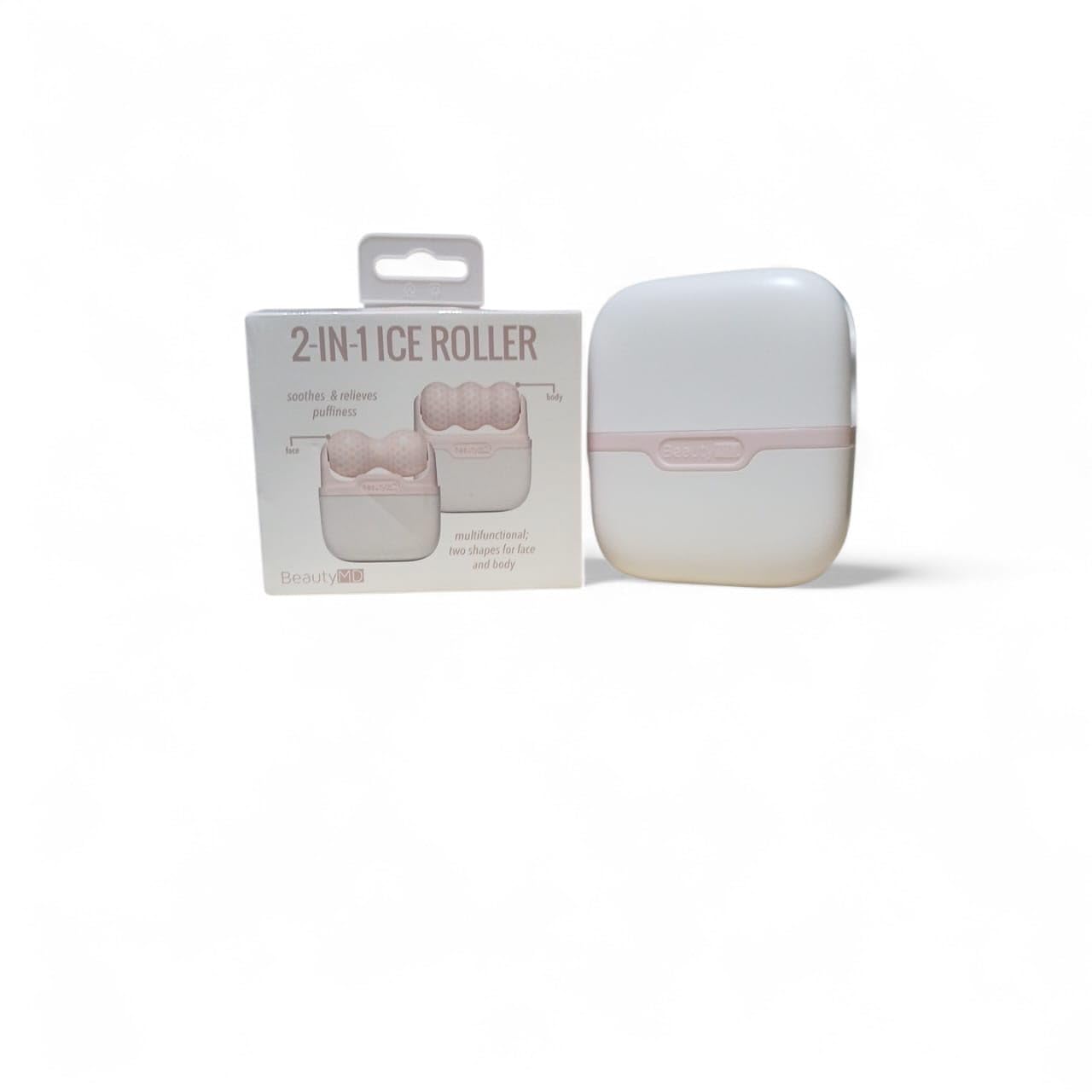BeautyMD 2-in-1 ice roller face and body massager in porcelain rose, with smooth handle and textured roller for soothing massage.