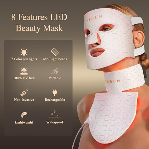 MEGELIN Led Red Light Therapy Face & Neck Mask, 7 Colors Led - Product Imagery