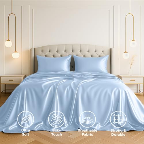 Satin Sheets Twin [3-Piece, Baby Blue] Hotel Luxury Silky Bed - Product Imagery
