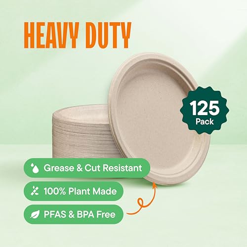 100% Compostable Paper Plates, Heavy Duty Disposable Plates - Product Imagery