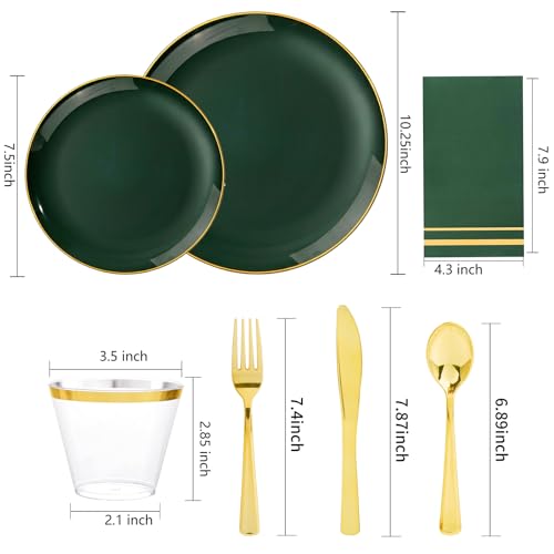 350PCS Green Plastic Plates - Disposable Green Gold Dinnerware - Product Imagery