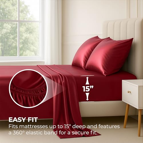 Satin Sheets Twin [3-Piece, Burgundy] Hotel Luxury Silky Bed - Product Imagery