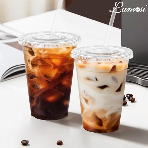 Lamosi 100 Pack 16 oz Clear Plastic Cups with Lids and Straws - Product Imagery