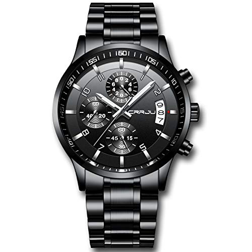 CRRJU Men's Fashion Stainless Steel Black Waterproof Quartz - Product Imagery