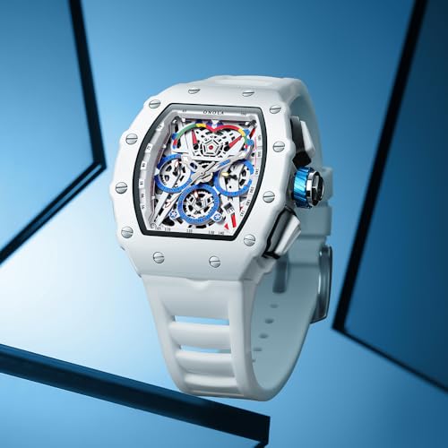 FANMIS Men's Tonneau Skeleton Watch Big Face Chronograph - Product Imagery
