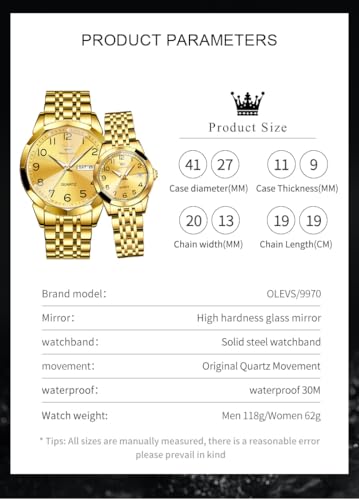 OLEVS Valentines Couple Watch Luxury Fashion His and Hers - Product Imagery