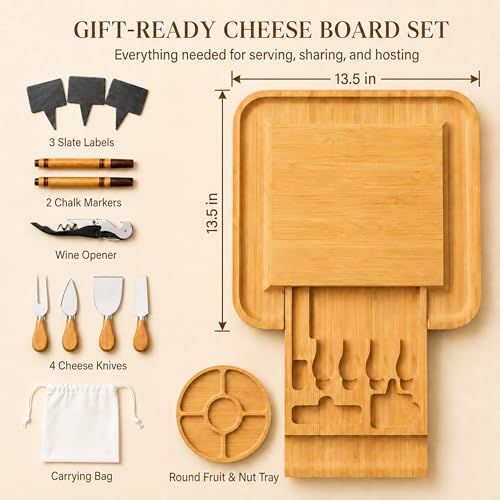 Charcuterie Boards Gift Set, Bamboo Cheese Board with Serving - Product Imagery