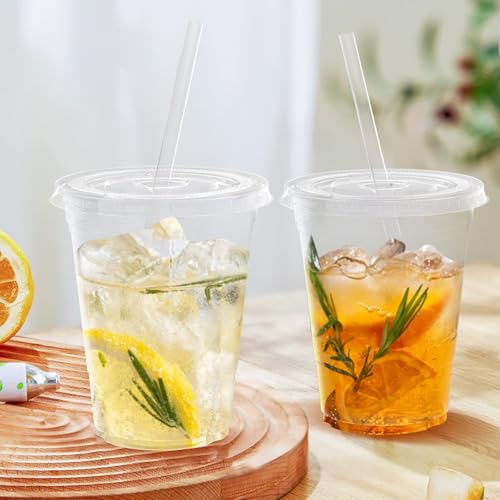 Dealusy 100 Pack - 16 oz Clear Plastic Cups with Lids and Straws - Product Imagery