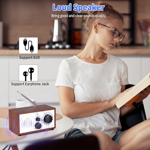 Vintage Wood AM FM Bluetooth Speaker Radio Plug in Wall, Elegant - Product Imagery