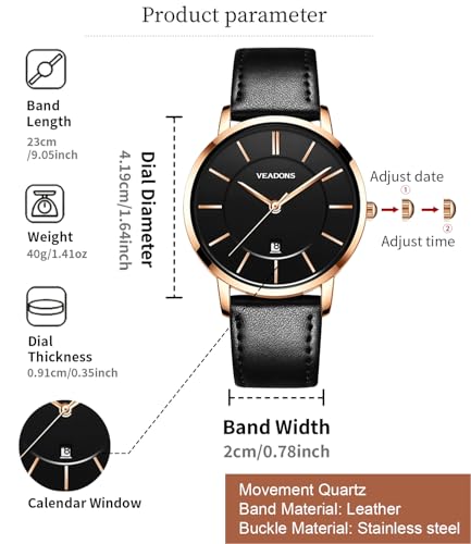 VEADONS Unisex Wrist Watch for Women Men Leather Band Quartz - Product Imagery