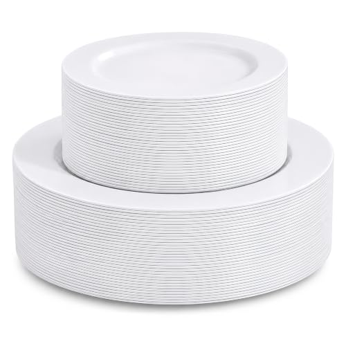 TENYASEN White Plastic Plates, 100 Pack, Heavy Duty Disposable - Product Imagery