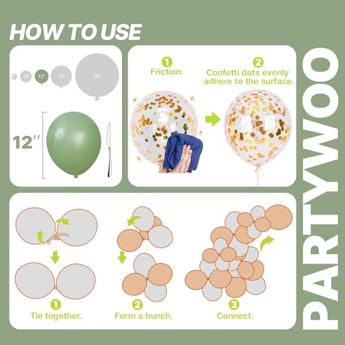 PartyWoo Sage Green Balloons 66pcs 12 Inch Gold White Brown Gold - Product Imagery