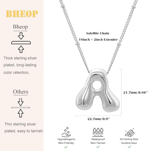 Bheop Initial Necklace for Women, Gold Silver A-Z Bubble Letter - Product Imagery