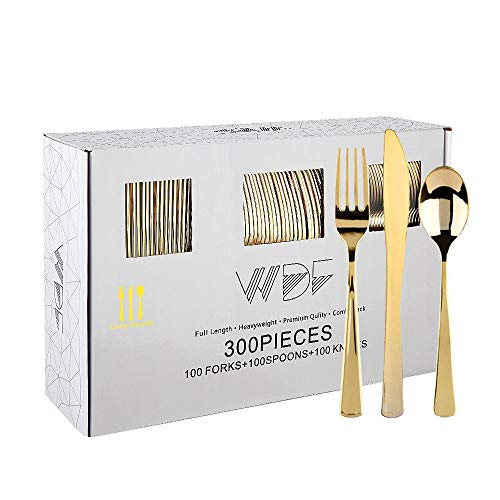 WDF300 Pieces Gold Plastic Silverware - Heavy Duty Disposable - Product Imagery