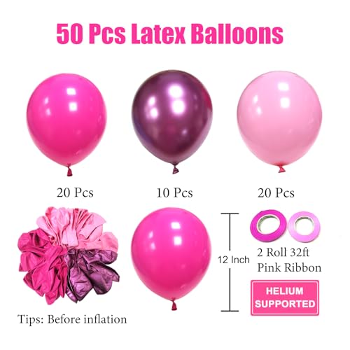 Pink Balloons Metallic Pink Balloon, 50Pcs 12Inch Hot Pink - Product Imagery
