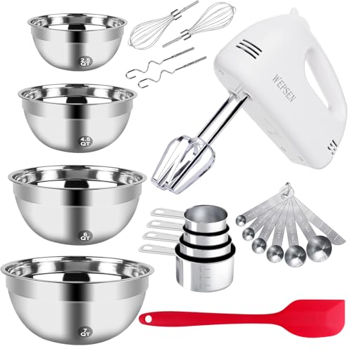 WEPSEN 5-Speed Electric Hand Mixer, 4 Large Mixing Bowls Set, - Product Imagery