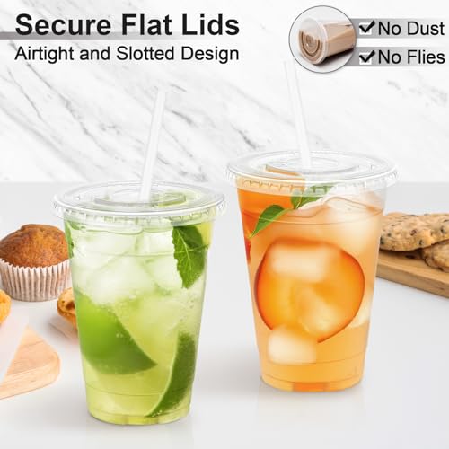 Lamosi 100 Pack 16 oz Clear Plastic Cups with Lids and Straws - Product Imagery