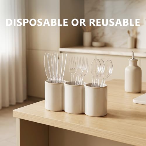 SACATR 100 Count Clear Plastic Silverware Heavy Duty -50 Forks, - Product Imagery