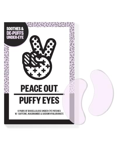 PEACE OUT Puffy Eyes Hydrating Under Eye Patches in clear containers, designed to reduce puffiness and hydrate delicate skin.