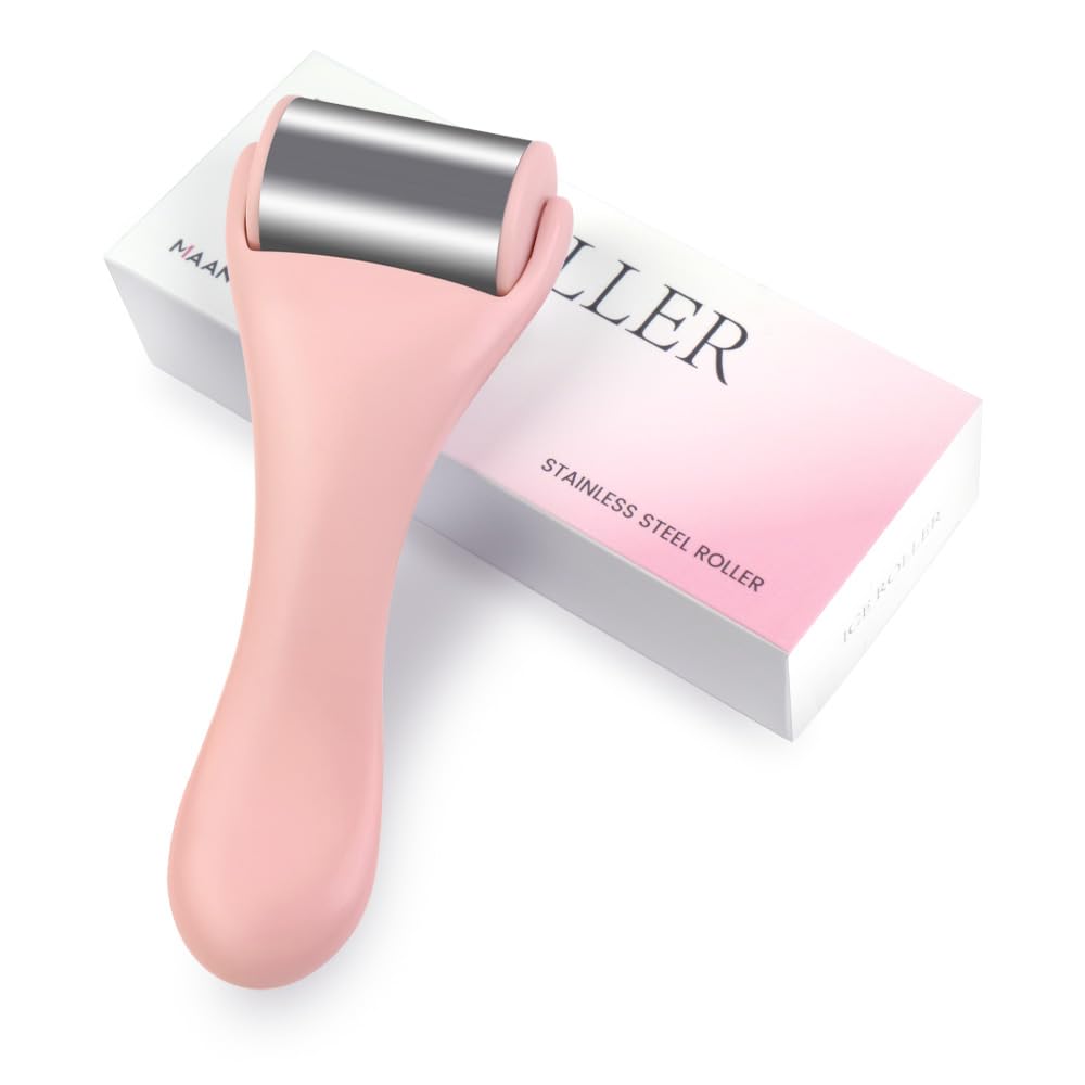 Pink MAANGE stainless steel face ice roller for beauty, with textured roller head for soothing skin massage and facial rejuvenation.