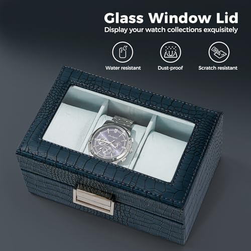 ProCase Watch Box, 3 Slot Mens Watch Display Case, CrocCobaltBlue - Product Imagery