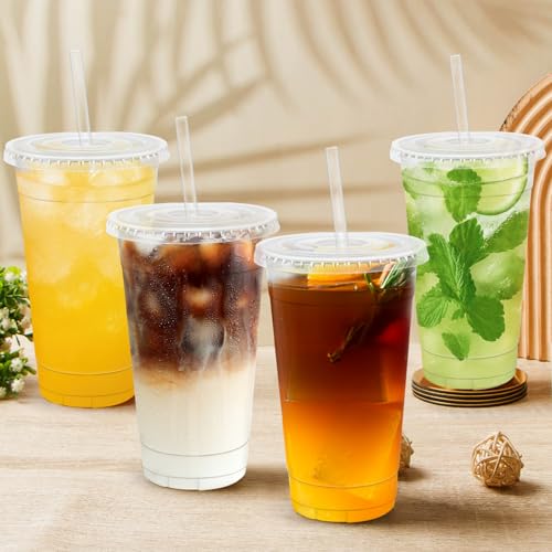 Lamosi 100 Pack 20 oz Plastic Coffee Cups with Lids, Disposable - Product Imagery