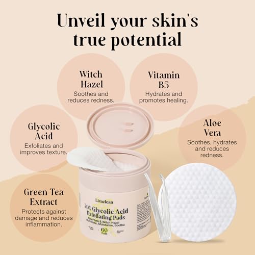 LivaClean 60 CT 20% Glycolic Acid Peel Pads with Aloe Vera – - Product Imagery