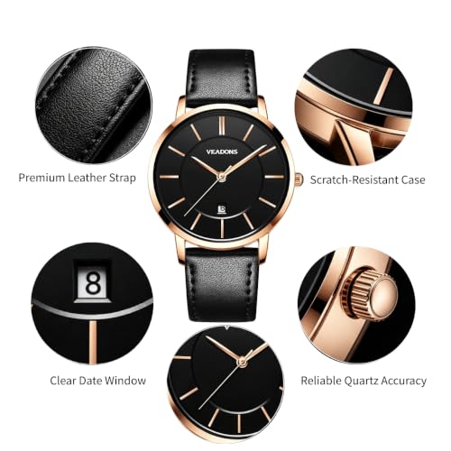 VEADONS Unisex Wrist Watch for Women Men Leather Band Quartz - Product Imagery
