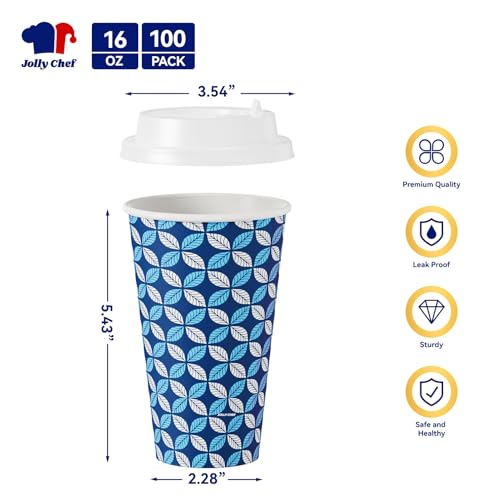 JOLLY CHEF 16 oz Coffee Cups with Lids 100 Pack, Disposable Hot - Product Imagery
