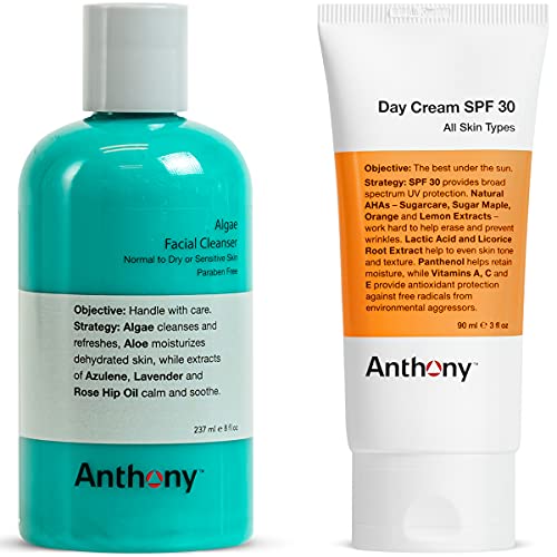 Anthony Day Cream SPF 30, 3 Fl Oz Algae Facial Cleanser, 8 Fl Oz. - Product Imagery
